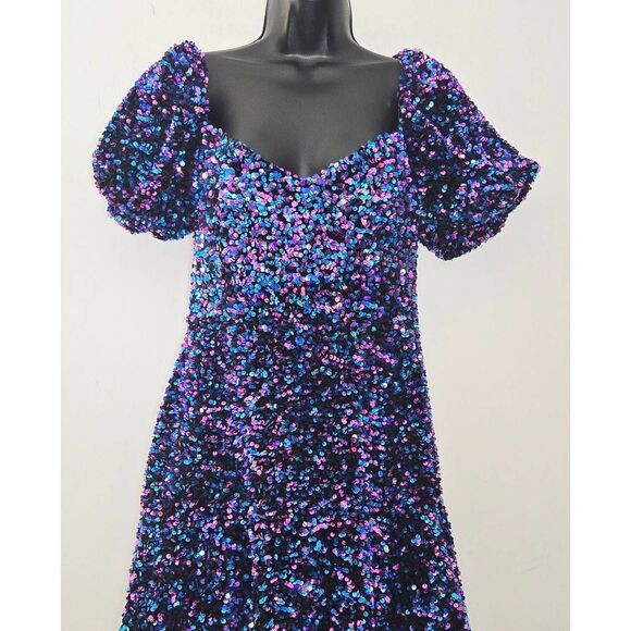 Zara Sequin Mini Dress Size Medium Blue Purple Party - Picture 2 of 4